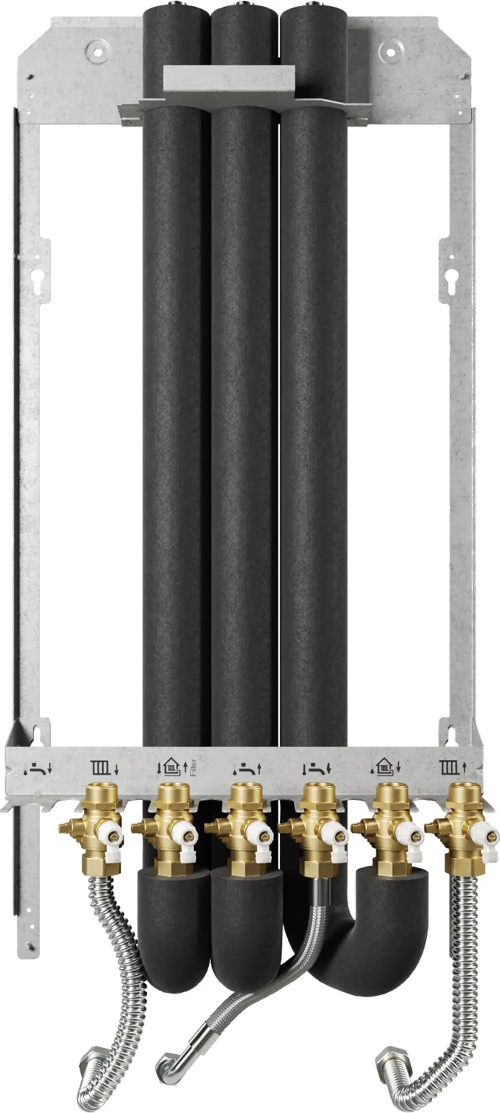 Montagerahmen mit mehreren Anschlüssen für Heizungsinstallationen, ausgestattet mit Drehventilen und flexiblen Anschlussschläuchen. Hersteller: Bosch.